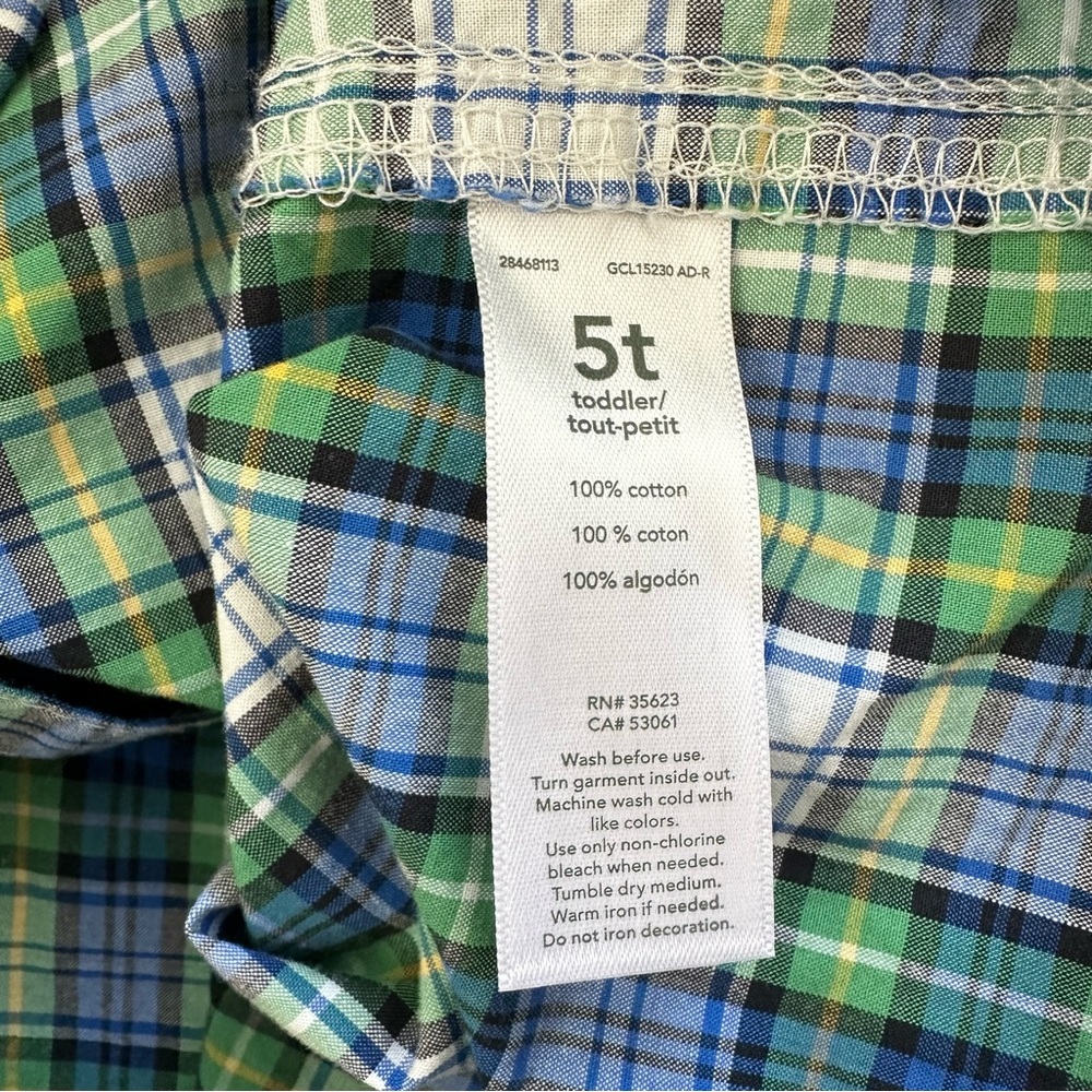 Carter’s Toddler Boys 5T Button Up Long Sleeve Dress Shirt Plaid Blue Green EUC! - Picture 6 of 8